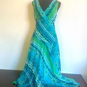 Vintage 90s/y2k aqua multicolored assymetrical hem midi/maxi dress. Size medium